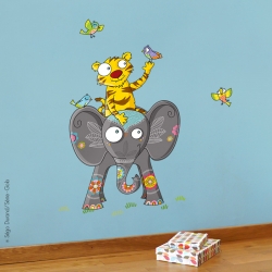 sticker enfant éléphant, tigre et oiseaux. Adhésif mural fabriqué en France
