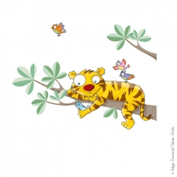 Sticker chambre bebe. Tigre allongé sur un branche de baobab en compagnie d'oiseaux.