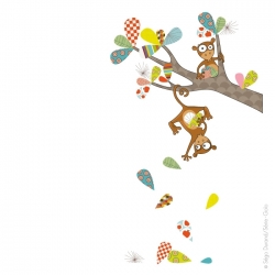 Sticker mural enfant singe sur une branche. thème jungle et savane.