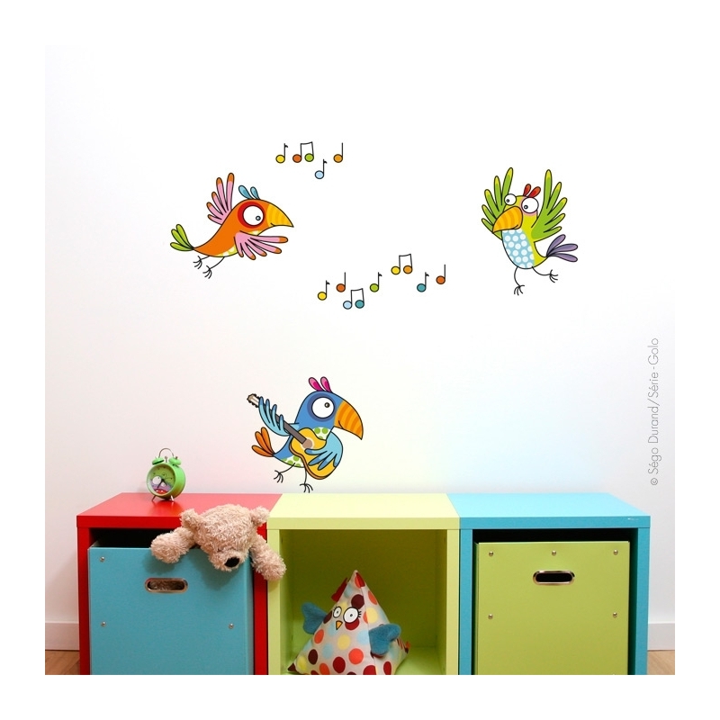 Les perroquets font la fête sur vos murs. sticker chambre bébé. Thème musique.